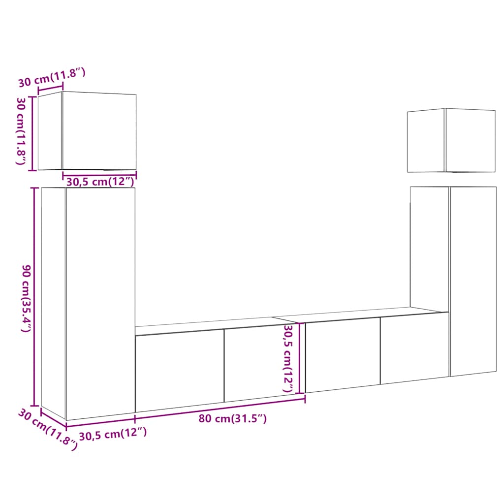 8-Delig Tv-Meubelset Wandmontage Bewerkt Hout Artisanaal Eiken 80 cm