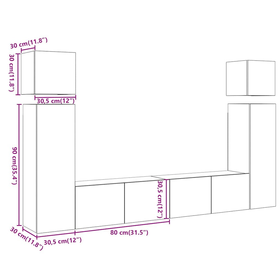 8-Delig Tv-Meubelset Wandmontage Bewerkt Hout Artisanaal Eiken 80 cm