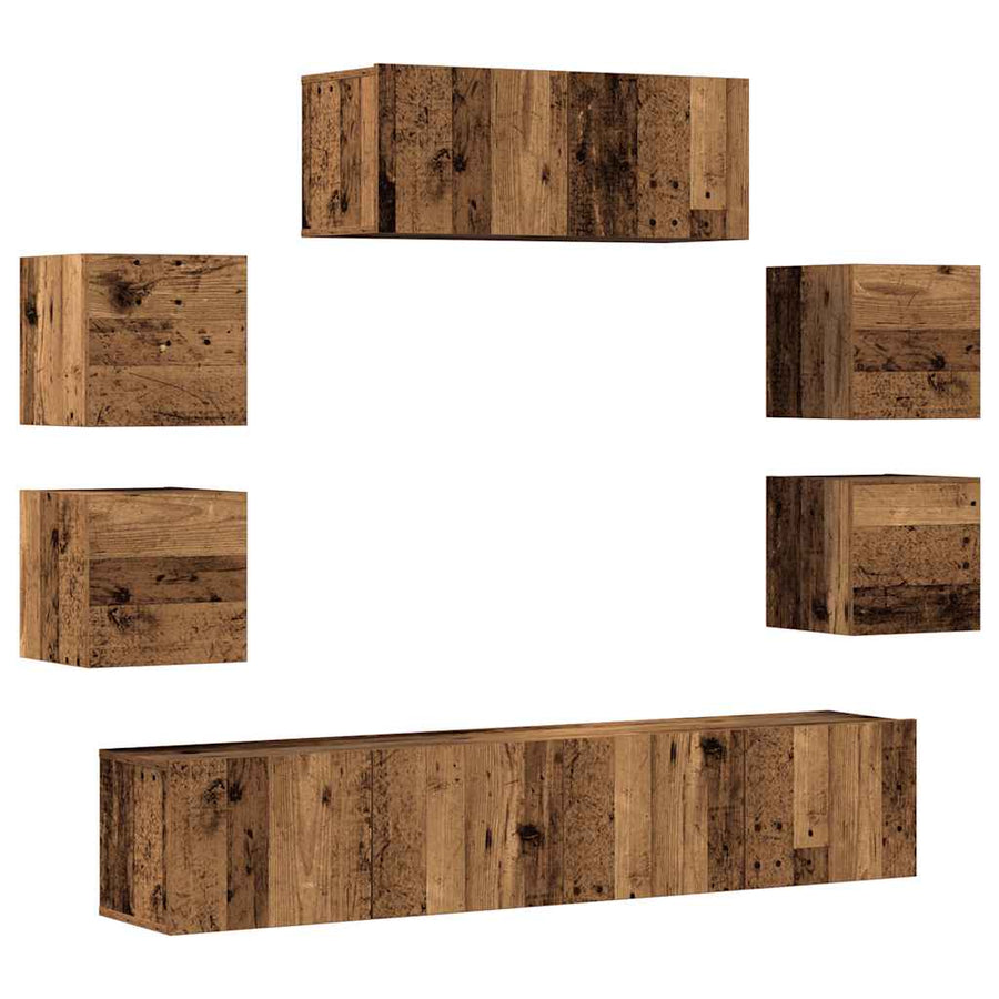 7-delig Tv-meubelset wandmontage bewerkt hout oud houtkleurig