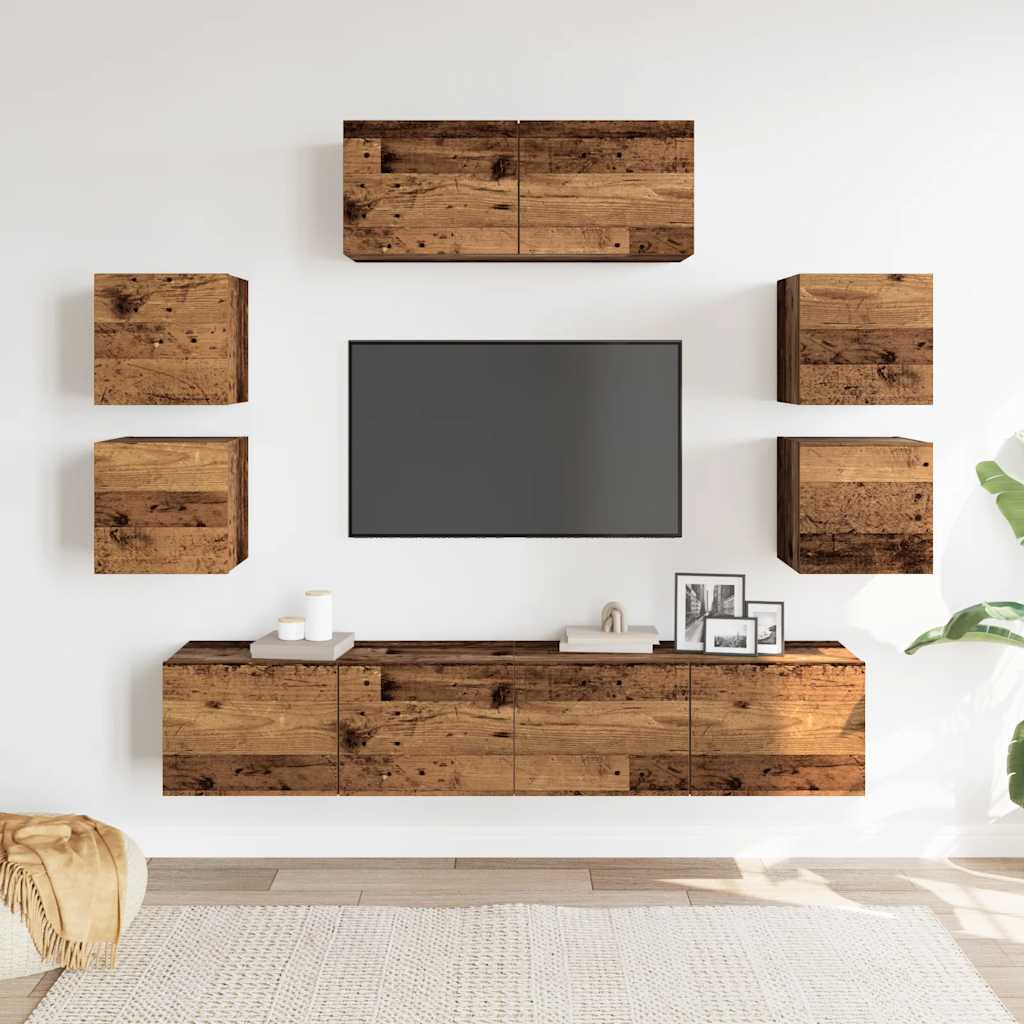 7-delig Tv-meubelset wandmontage bewerkt hout oud houtkleurig