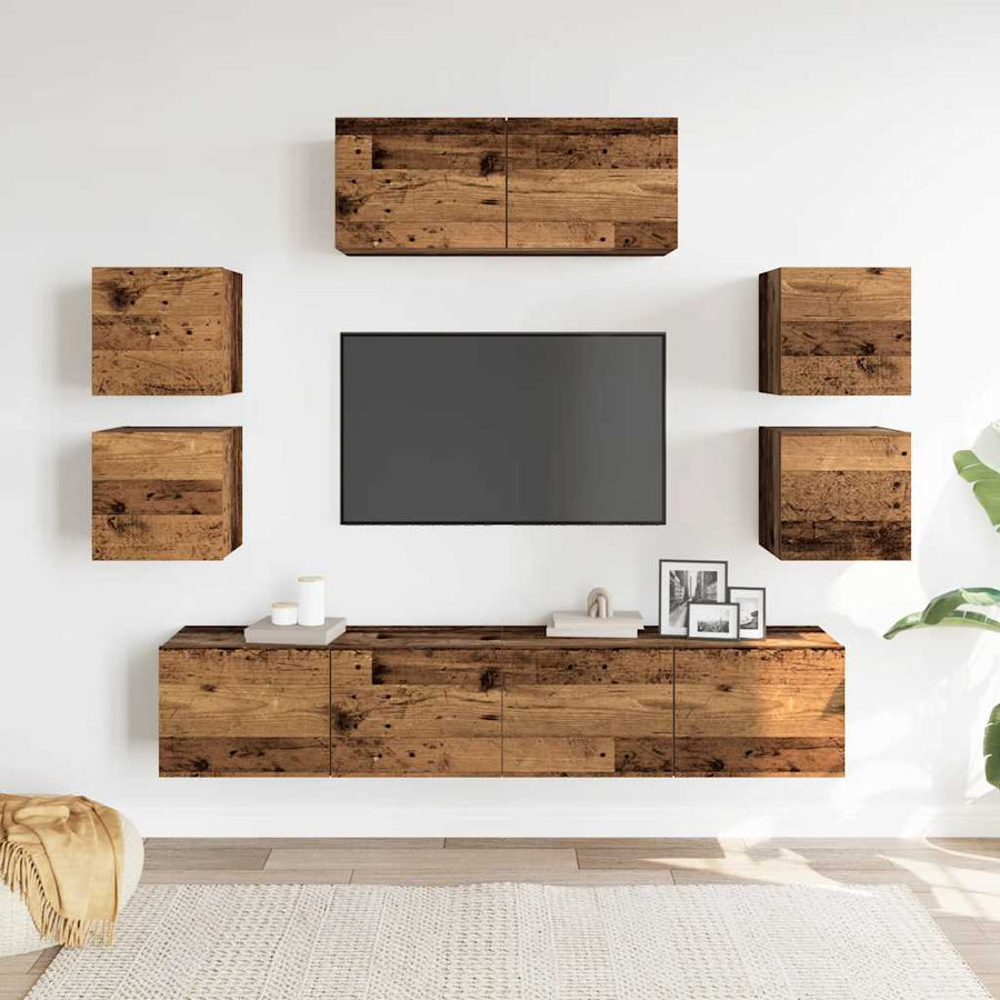 7-delig Tv-meubelset wandmontage bewerkt hout oud houtkleurig