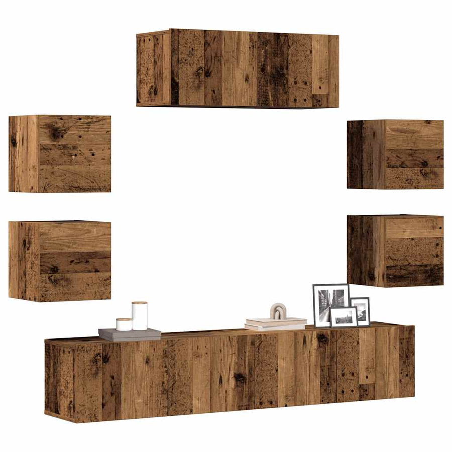7-delig Tv-meubelset wandmontage bewerkt hout oud houtkleurig
