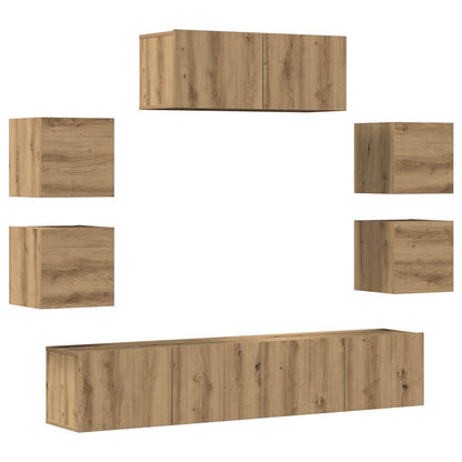 7-delig Tv-meubelset wandmontage bewerkt hout artisanaal eiken