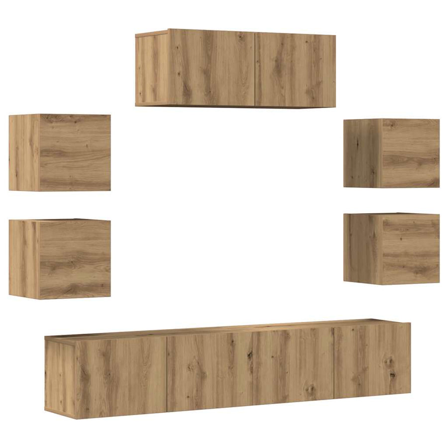 7-delig Tv-meubelset wandmontage bewerkt hout artisanaal eiken