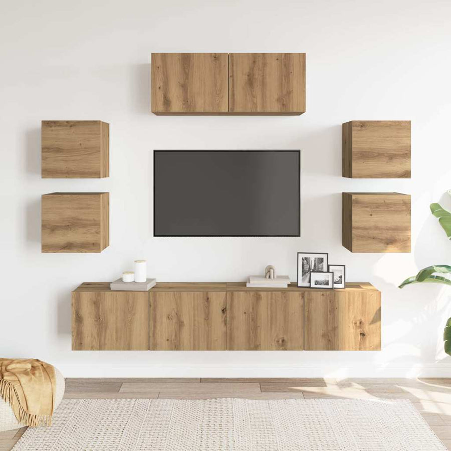 7-delig Tv-meubelset wandmontage bewerkt hout artisanaal eiken