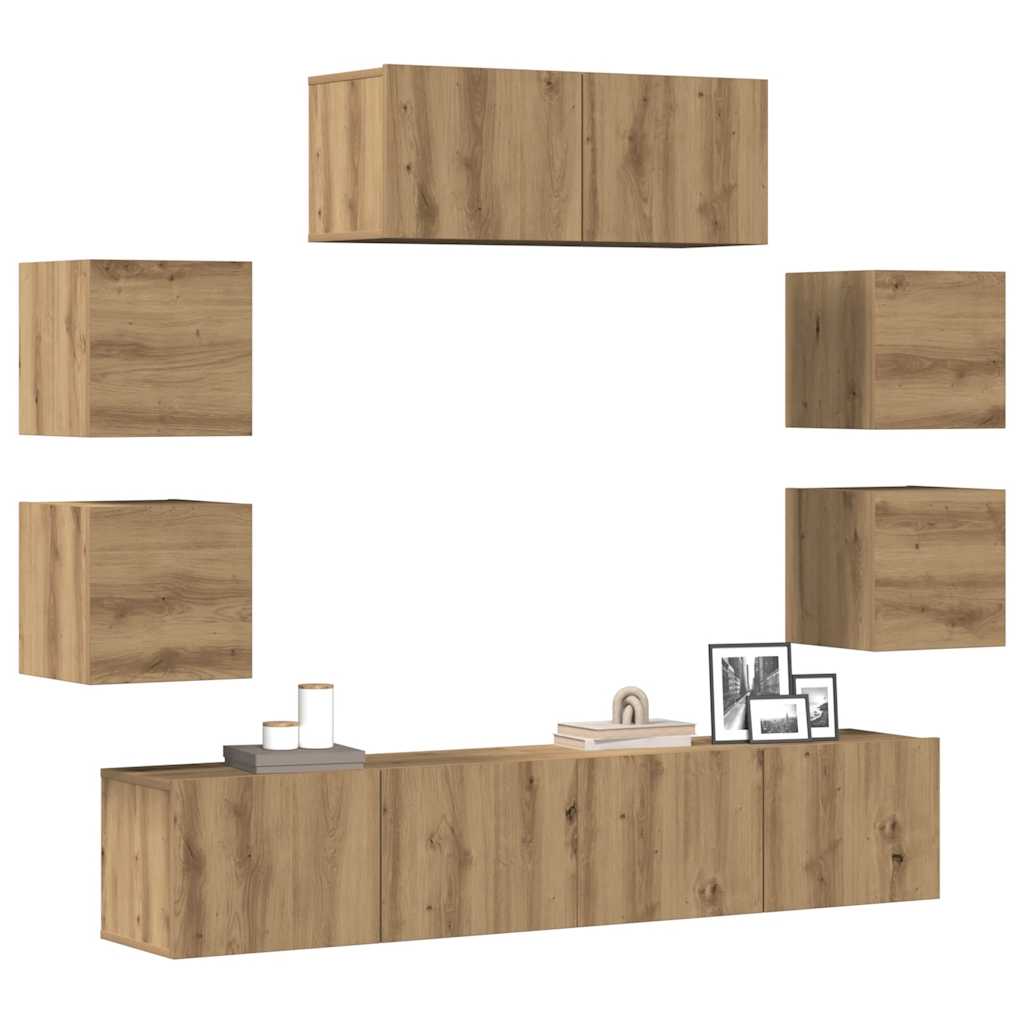 7-delig Tv-meubelset wandmontage bewerkt hout artisanaal eiken