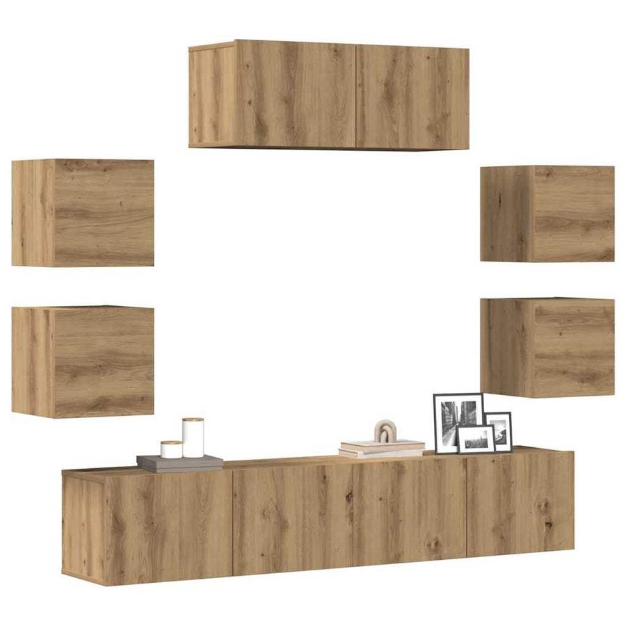 7-delig Tv-meubelset wandmontage bewerkt hout artisanaal eiken