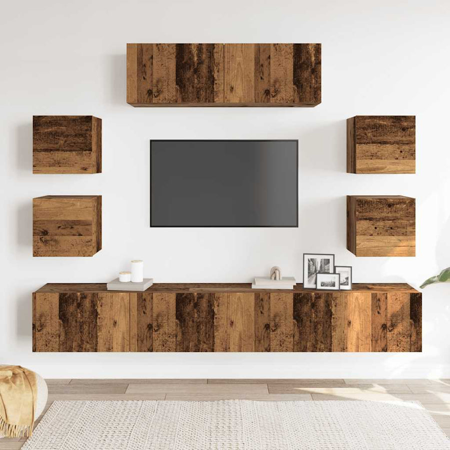 7-delig Tv-meubelset wandmontage bewerkt hout oud houtkleurig