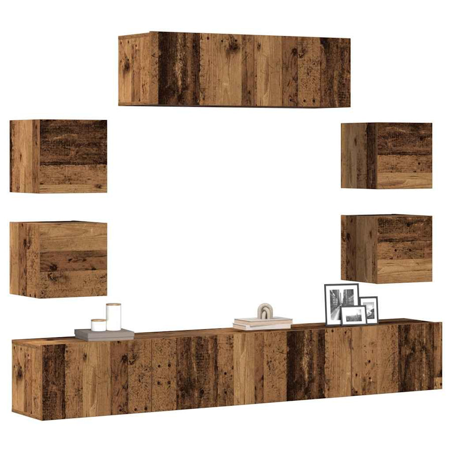 7-delig Tv-meubelset wandmontage bewerkt hout oud houtkleurig