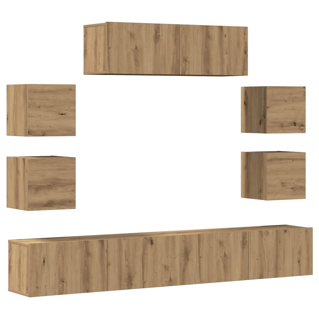 7-delig Tv-meubelset wandmontage bewerkt hout artisanaal eiken