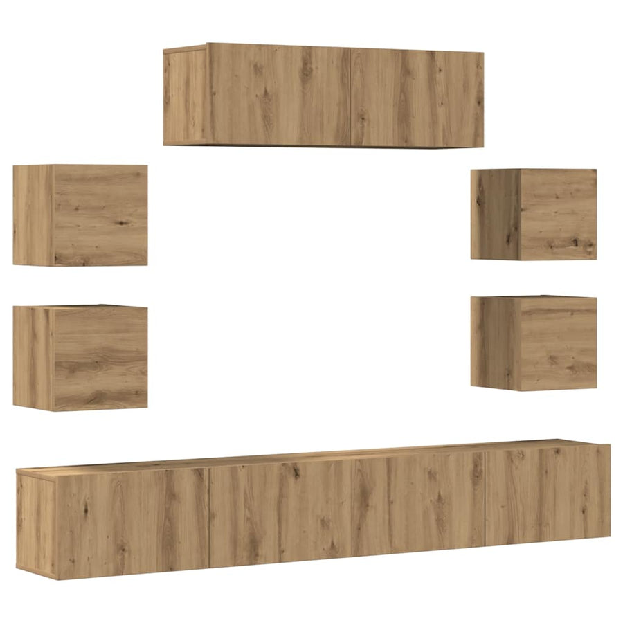 7-delig Tv-meubelset wandmontage bewerkt hout artisanaal eiken