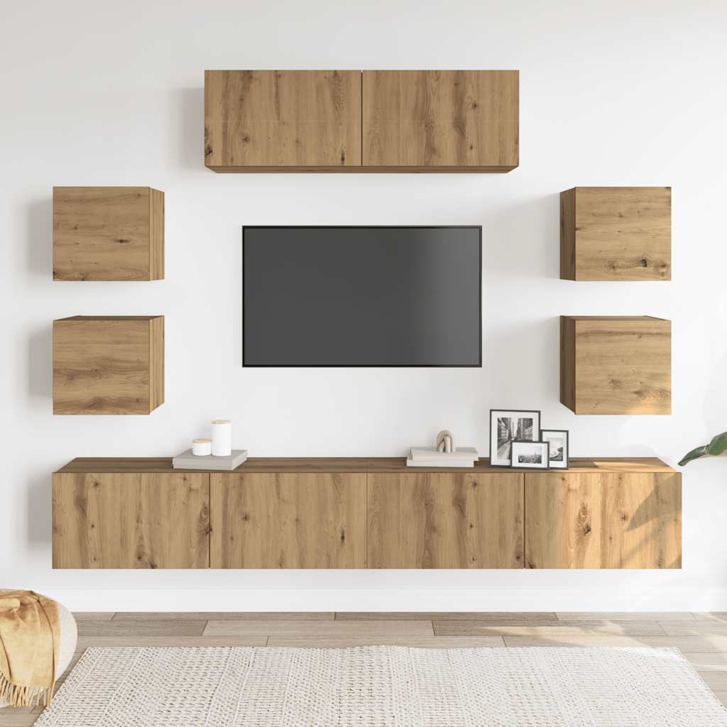 7-delig Tv-meubelset wandmontage bewerkt hout artisanaal eiken