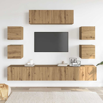 7-delig Tv-meubelset wandmontage bewerkt hout artisanaal eiken