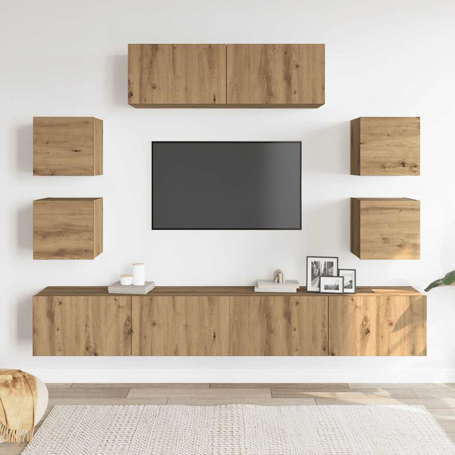 7-delig Tv-meubelset wandmontage bewerkt hout artisanaal eiken