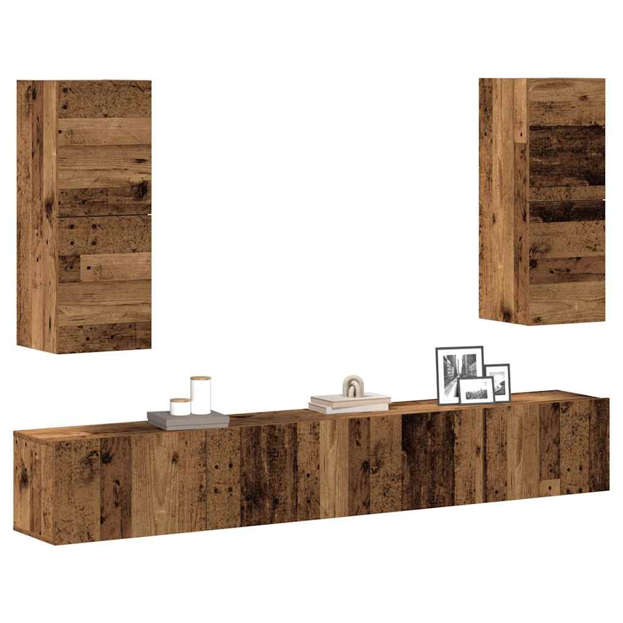 4-delig Tv-meubelset wandmontage bewerkt hout oud houtkleurig