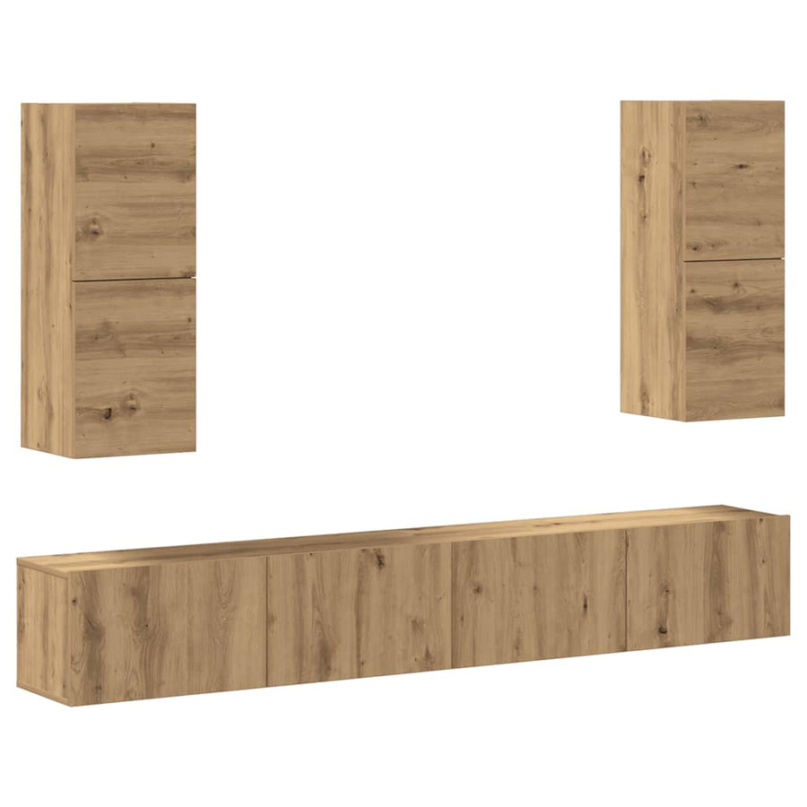 4-delig Tv-meubelset wandmontage bewerkt hout artisanaal eiken
