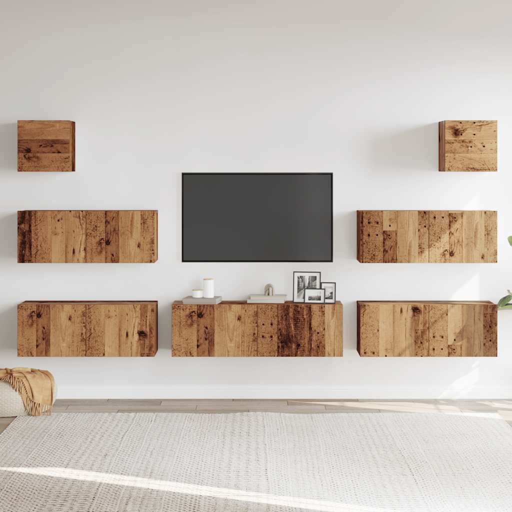 7-delig Tv-meubelset wandmontage bewerkt hout oud houtkleurig