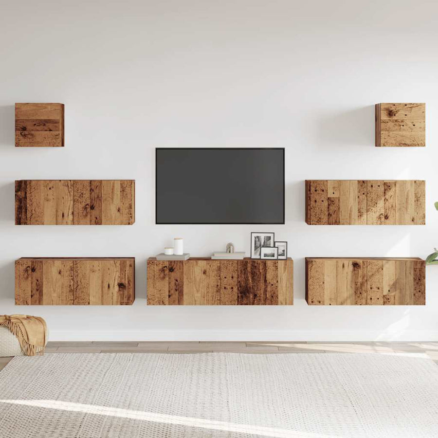 7-delig Tv-meubelset wandmontage bewerkt hout oud houtkleurig