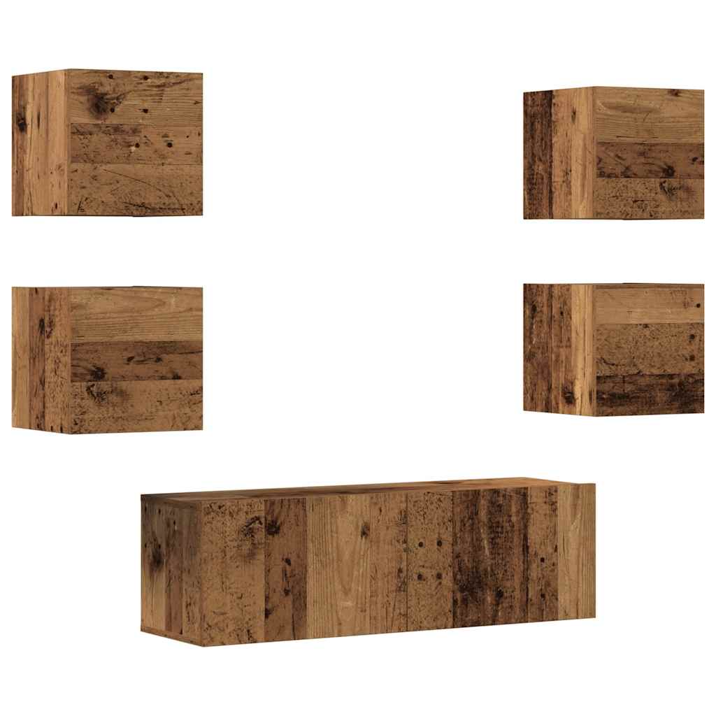 5-delig Tv-meubelset wandmontage bewerkt hout oud houtkleurig
