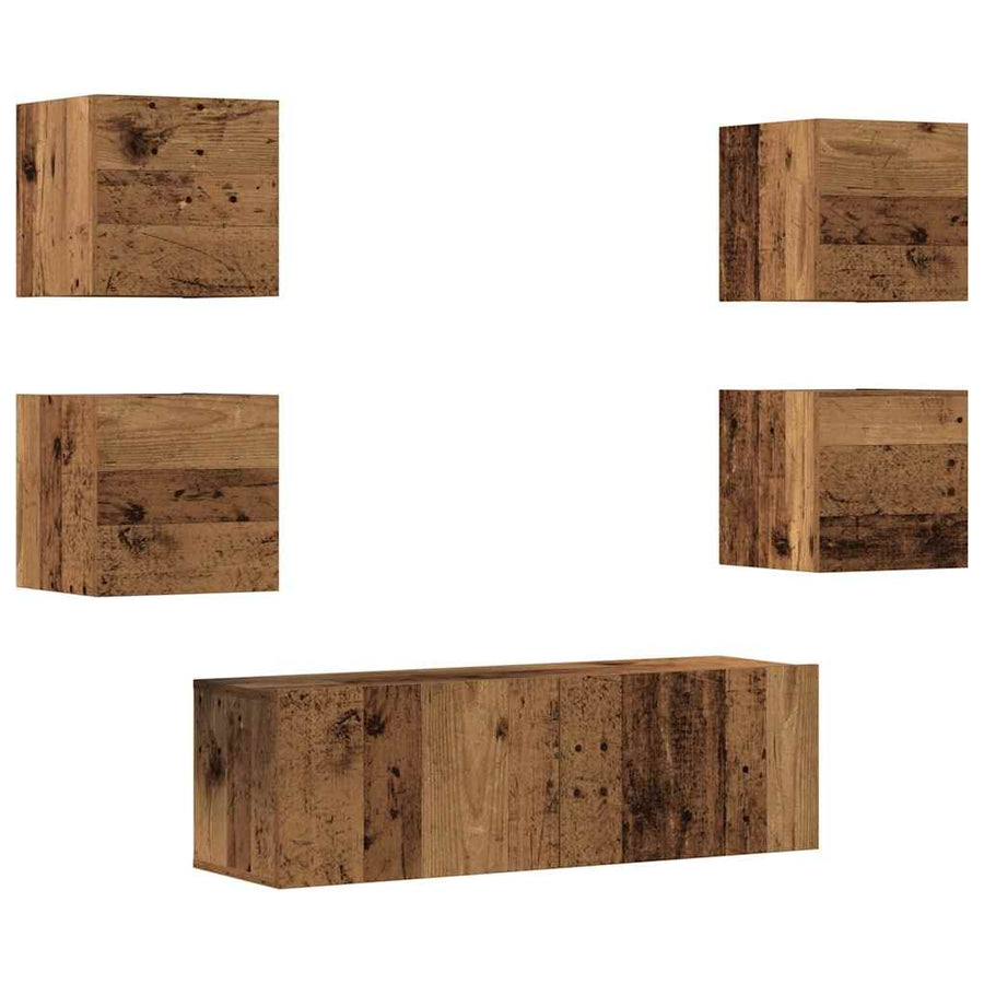 5-delig Tv-meubelset wandmontage bewerkt hout oud houtkleurig