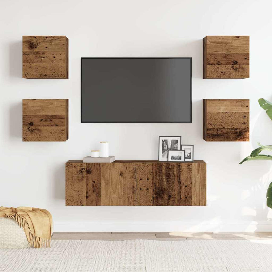 5-delig Tv-meubelset wandmontage bewerkt hout oud houtkleurig
