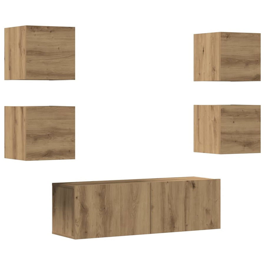 5-Delig Tv-Meubelset Wandmontage Bewerkt Hout Artisanaal Eiken 5