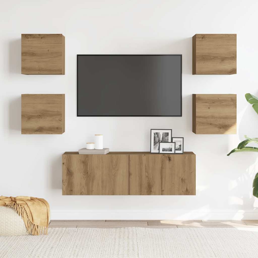 5-Delig Tv-Meubelset Wandmontage Bewerkt Hout Artisanaal Eiken 5