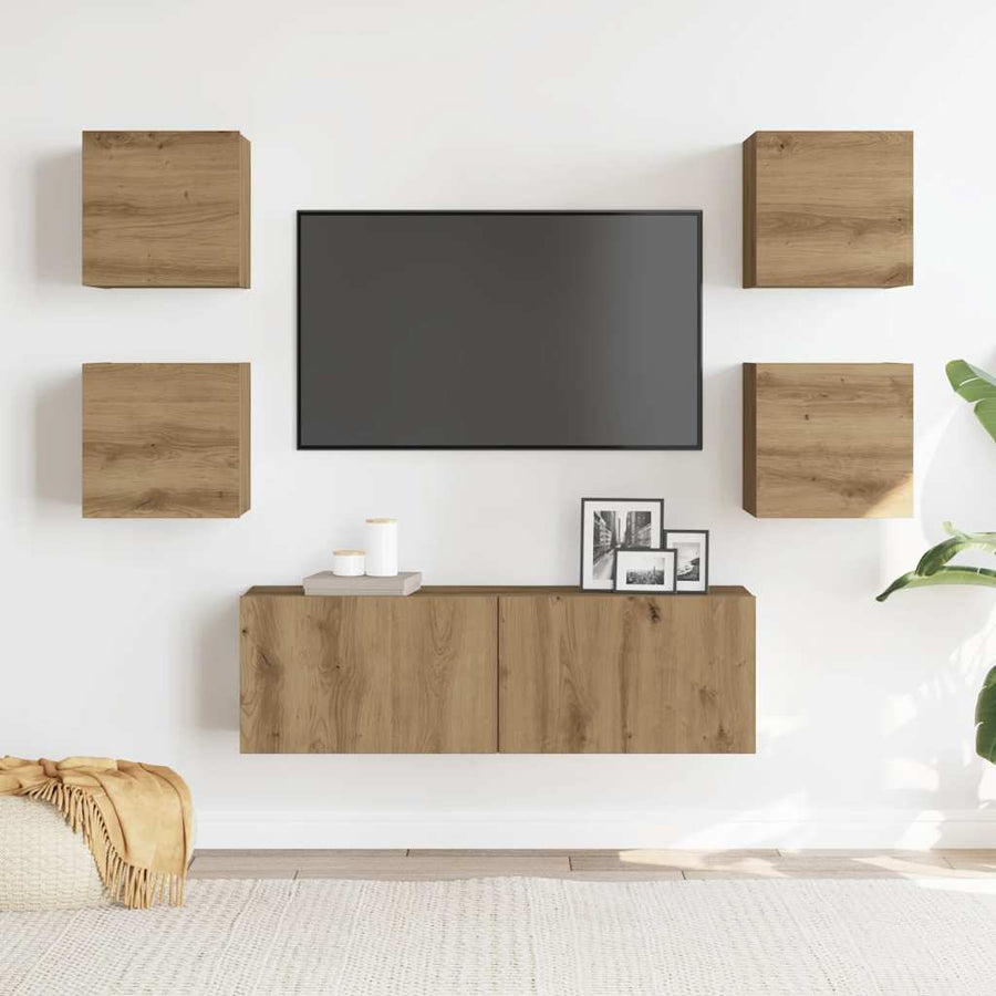 5-Delig Tv-Meubelset Wandmontage Bewerkt Hout Artisanaal Eiken 5