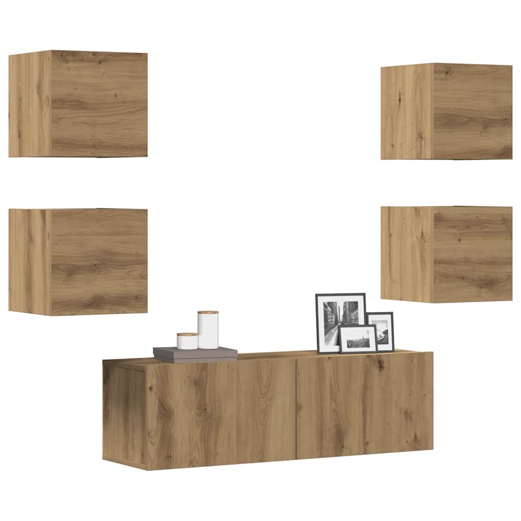5-Delig Tv-Meubelset Wandmontage Bewerkt Hout Artisanaal Eiken 5