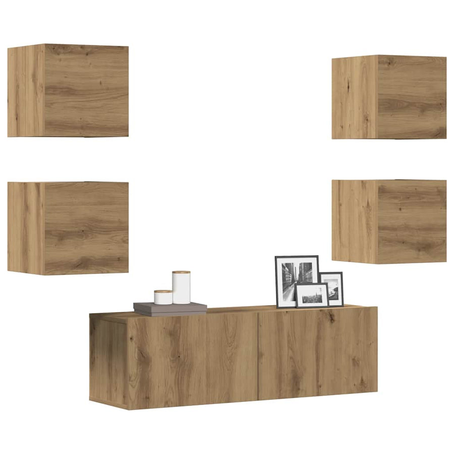 5-Delig Tv-Meubelset Wandmontage Bewerkt Hout Artisanaal Eiken 5