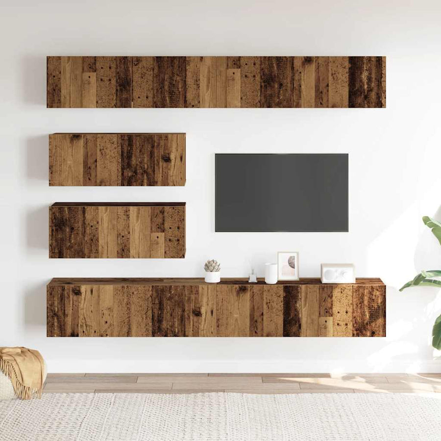 6-delig Tv-meubelset wandmontage bewerkt hout oud houtkleurig