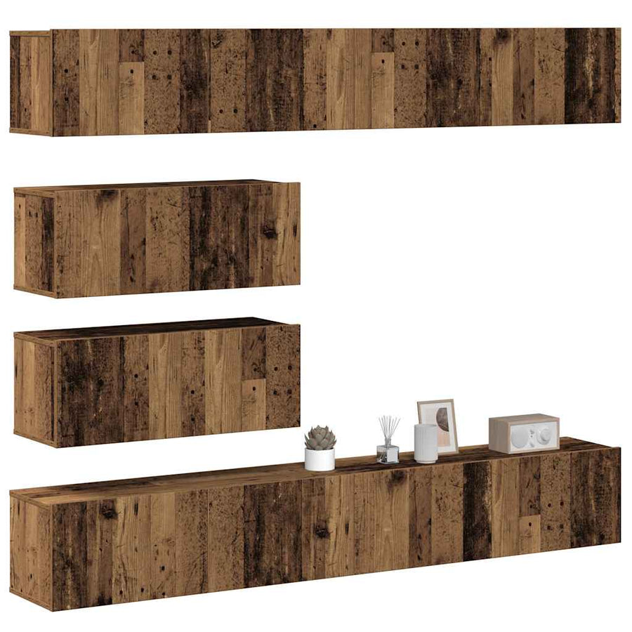 6-delig Tv-meubelset wandmontage bewerkt hout oud houtkleurig