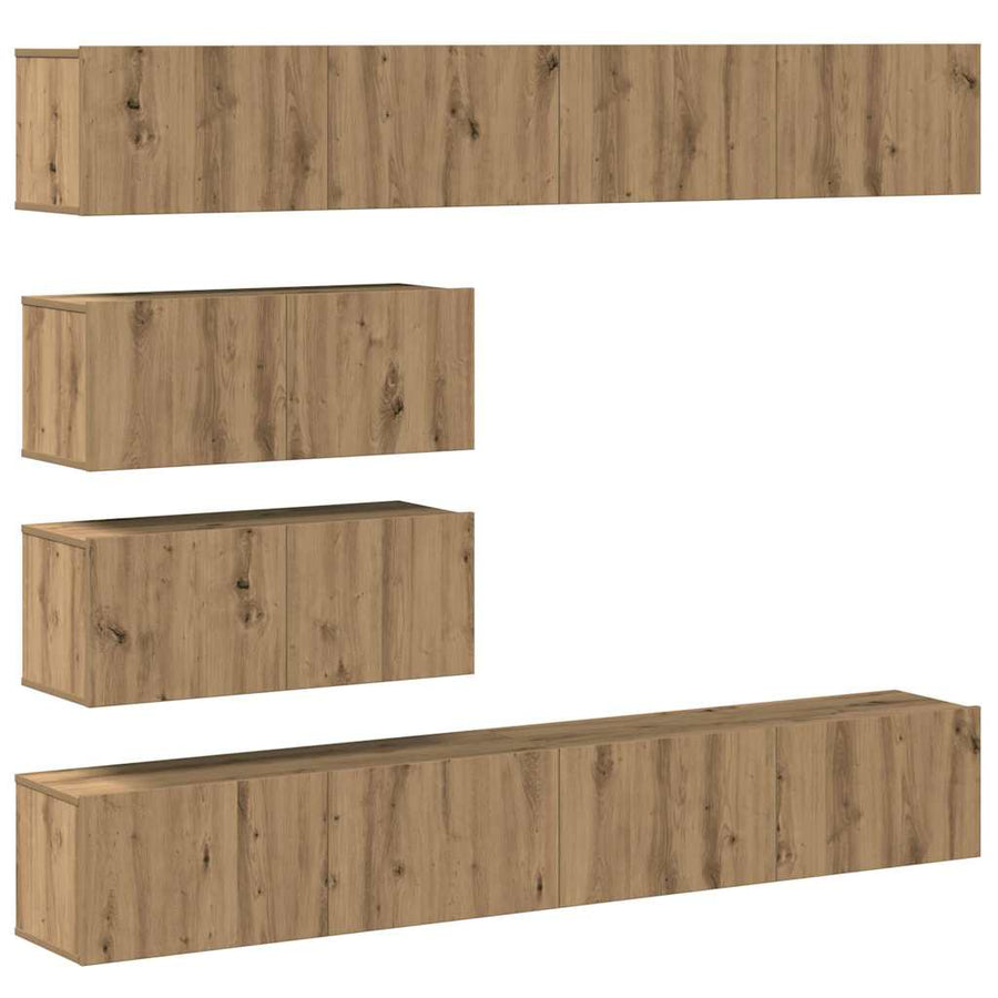 6-delig Tv-meubelset wandmontage bewerkt hout artisanaal eiken