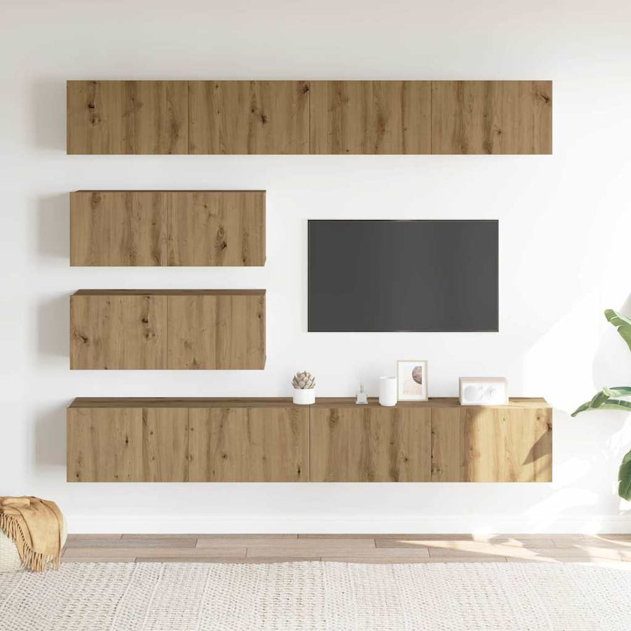 6-delig Tv-meubelset wandmontage bewerkt hout artisanaal eiken