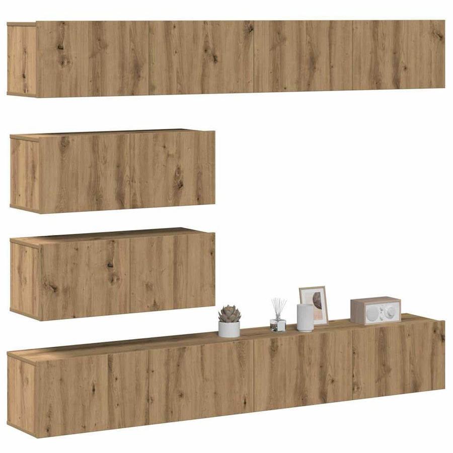6-delig Tv-meubelset wandmontage bewerkt hout artisanaal eiken