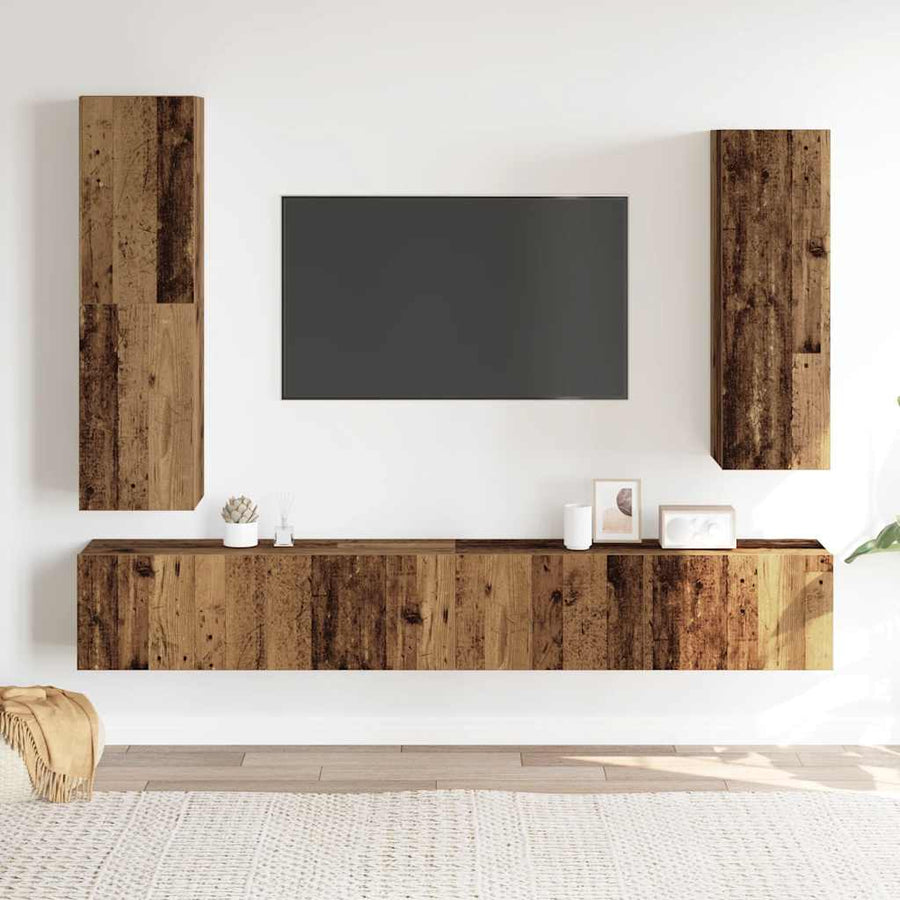 4-delig Tv-meubelset wandmontage bewerkt hout oud houtkleurig