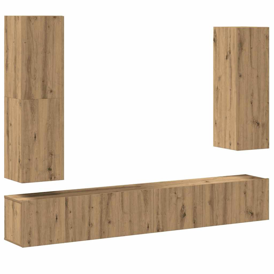 4-delig Tv-meubelset wandmontage bewerkt hout artisanaal eiken
