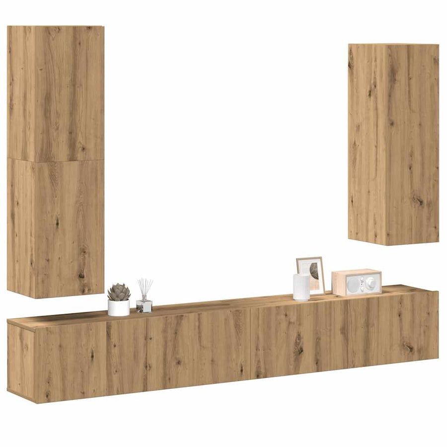 4-delig Tv-meubelset wandmontage bewerkt hout artisanaal eiken