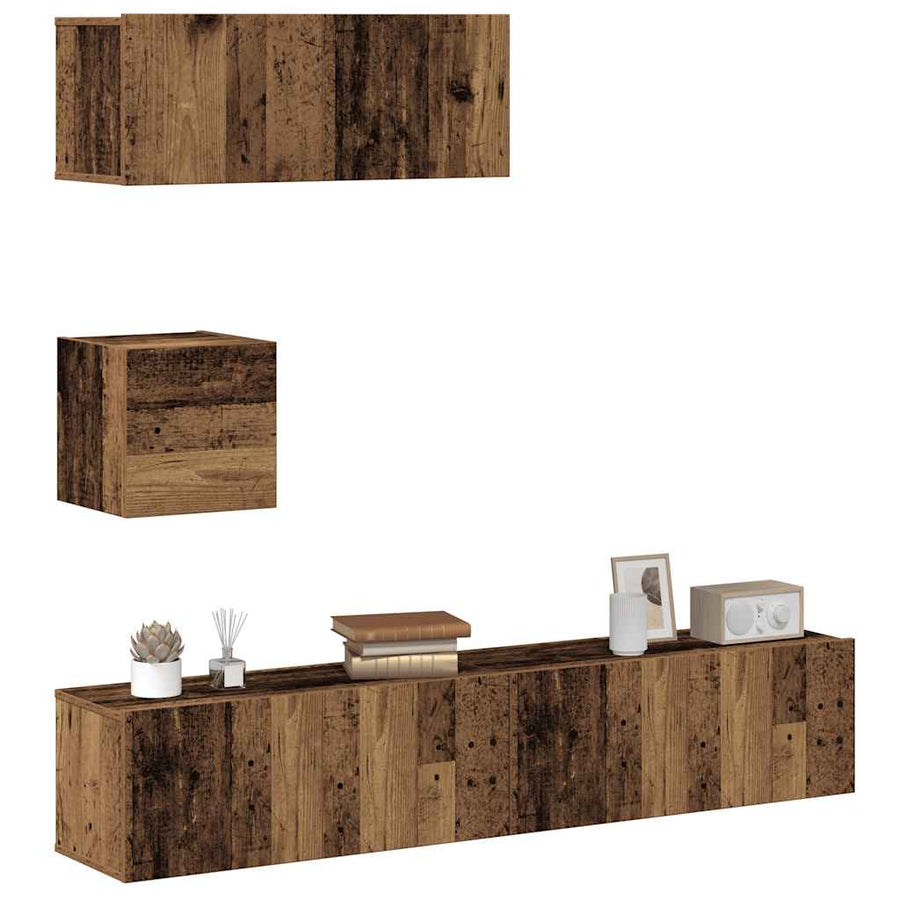 4-delig Tv-meubelset wandmontage bewerkt hout oud houtkleurig