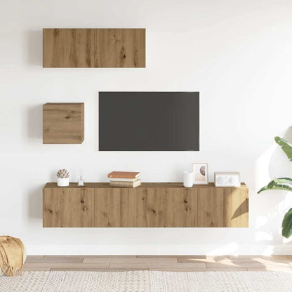 4-delig Tv-meubelset wandmontage bewerkt hout artisanaal eiken