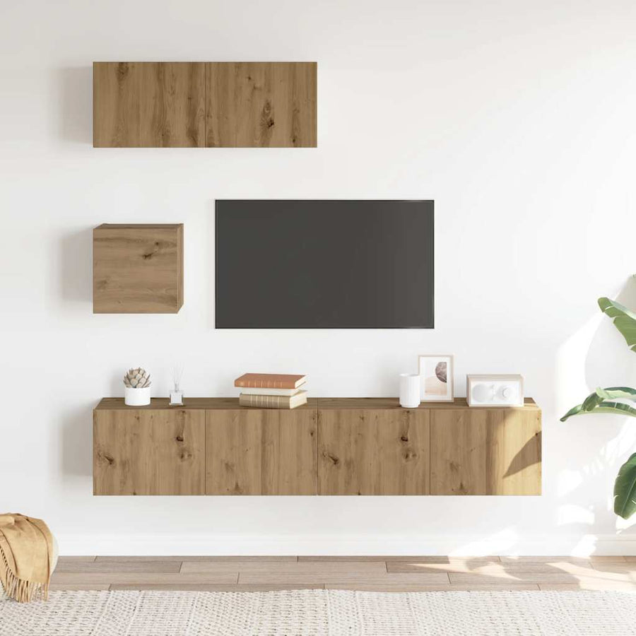 4-delig Tv-meubelset wandmontage bewerkt hout artisanaal eiken