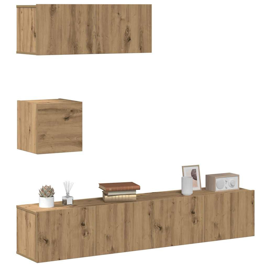 4-delig Tv-meubelset wandmontage bewerkt hout artisanaal eiken