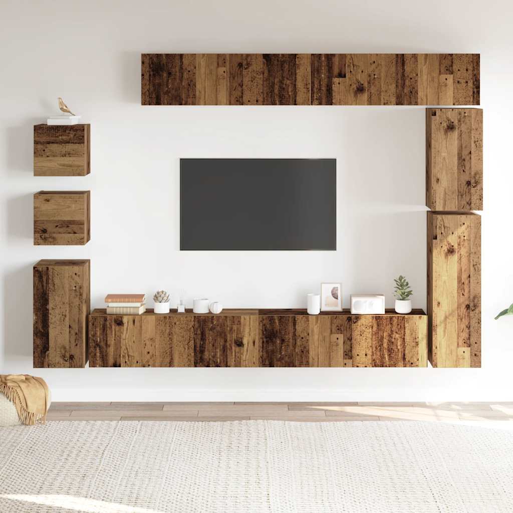 9-delig Tv-meubelset wandmontage bewerkt hout oud houtkleurig