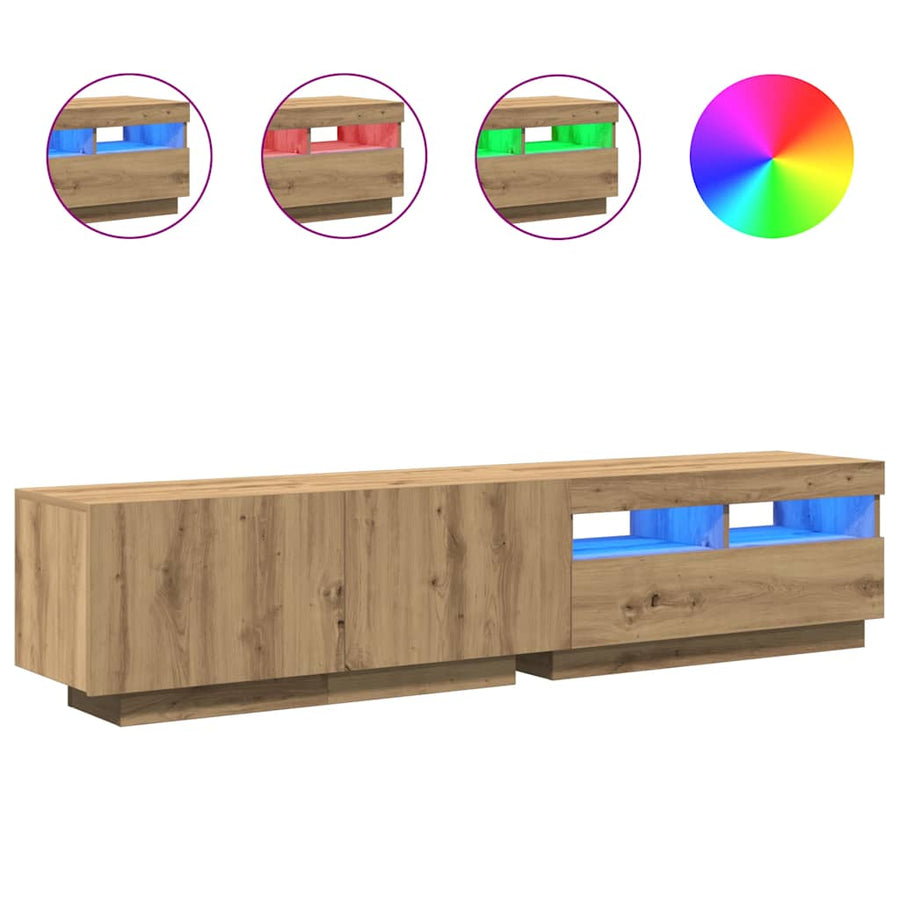 Tv-meubel met LED 180x35x40 cm bewerkt hout artisanaal eiken