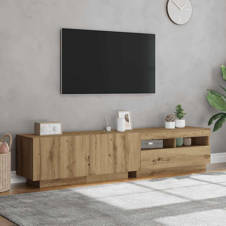 Tv-meubel met LED 180x35x40 cm bewerkt hout artisanaal eiken