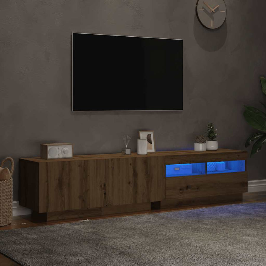Tv-meubel met LED 180x35x40 cm bewerkt hout artisanaal eiken