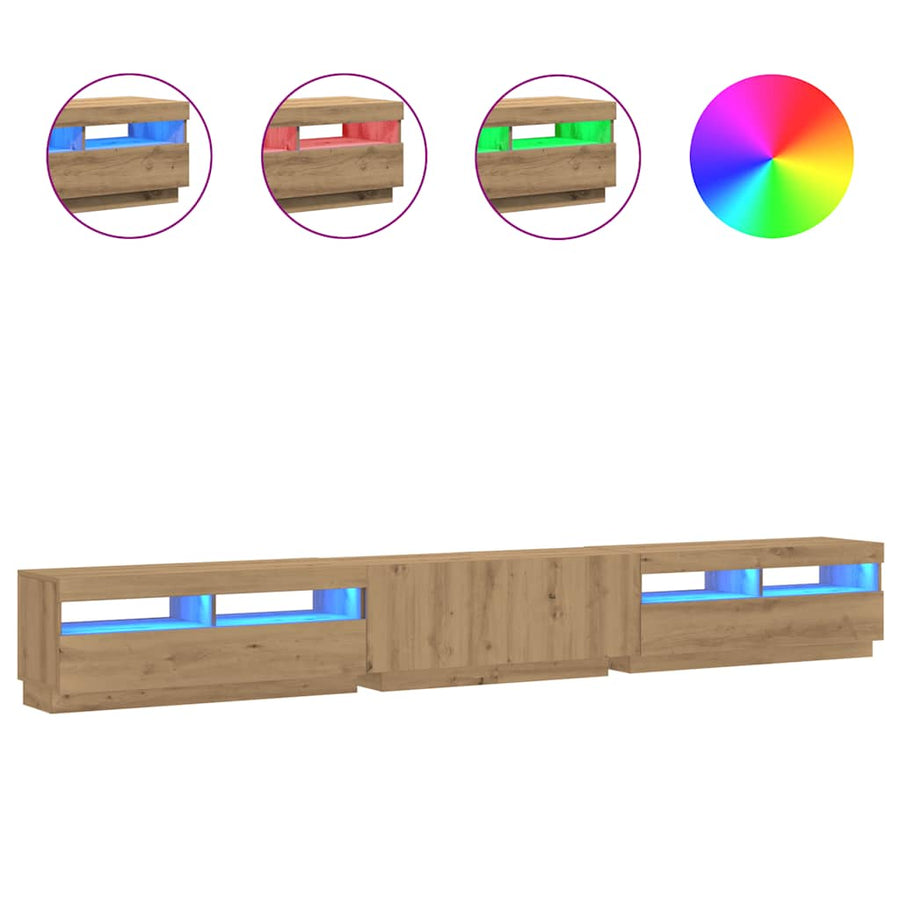 Tv-meubel met LED 300x35x40 cm bewerkt hout artisanaal eiken