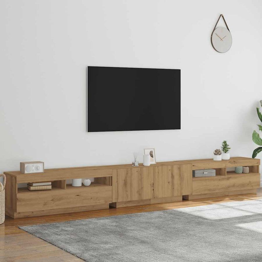 Tv-meubel met LED 300x35x40 cm bewerkt hout artisanaal eiken