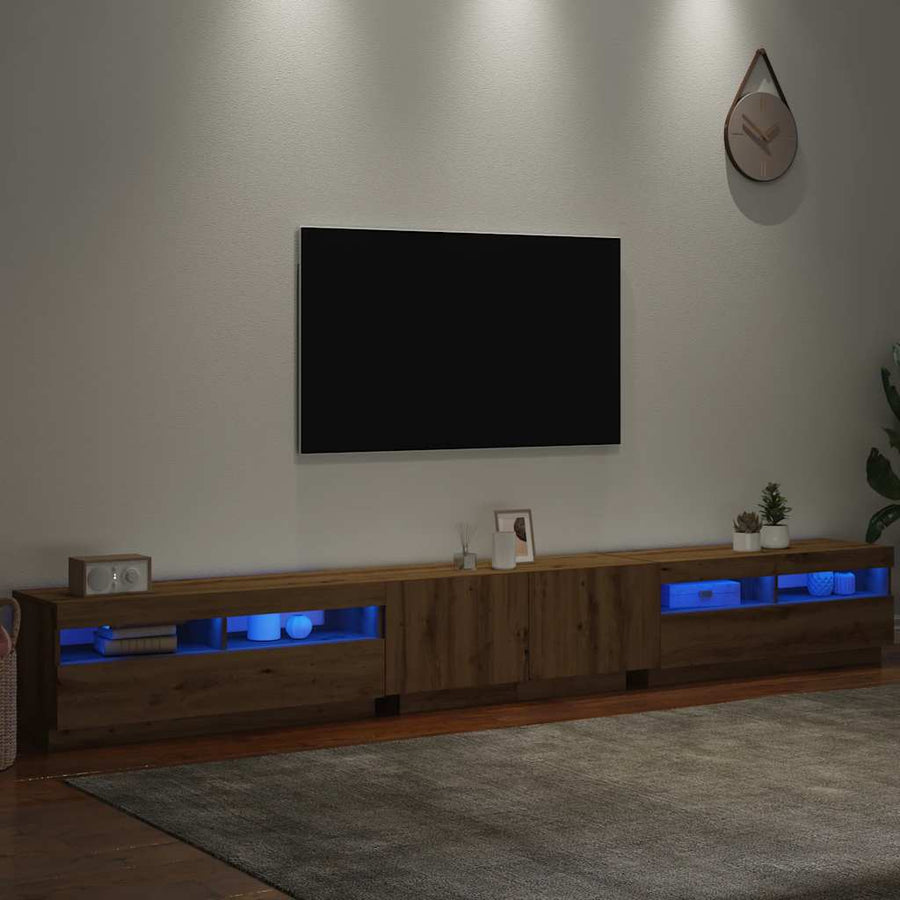 Tv-meubel met LED 300x35x40 cm bewerkt hout artisanaal eiken