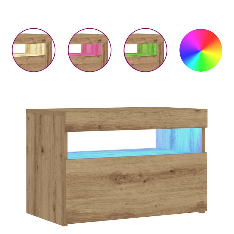 Nachtkastje met LED 60x35x40 cm bewerkt hout artisanaal eiken